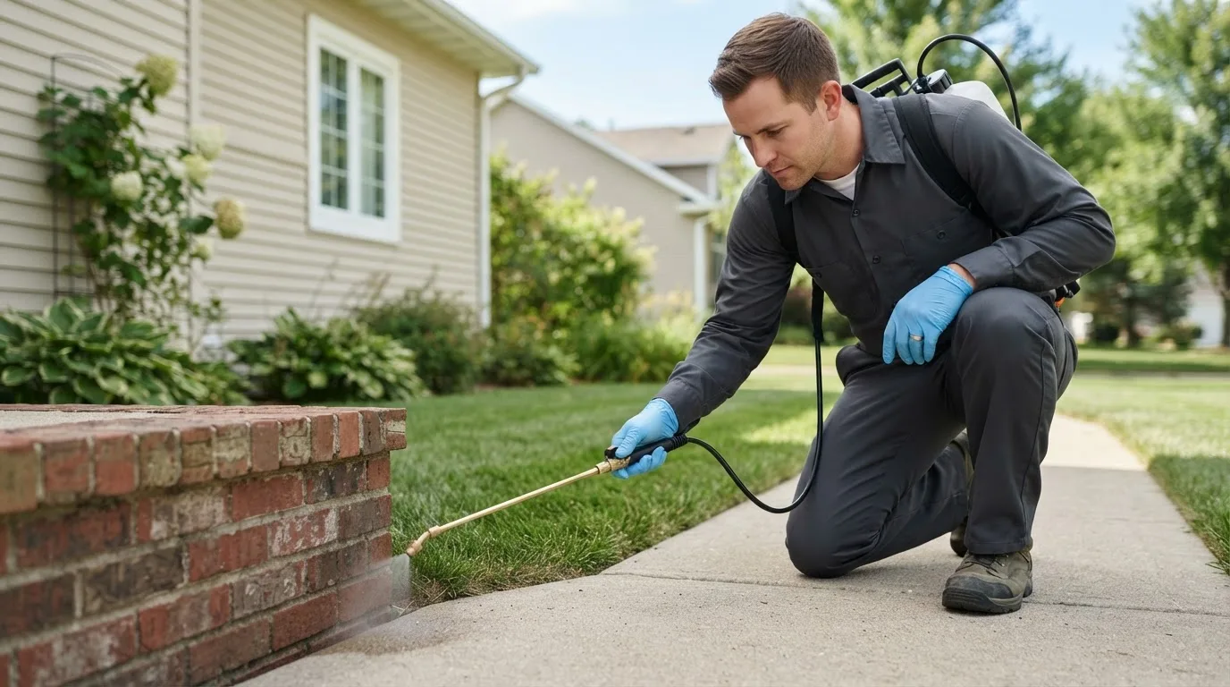 Pest control technician treating a home near Hunter, KS