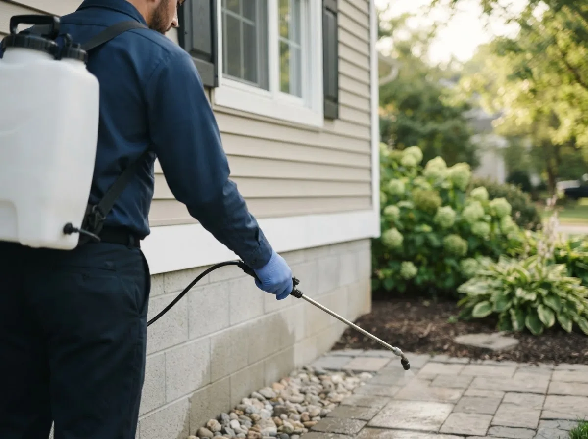 Pest control technician inspecting a home in Hunter, KS